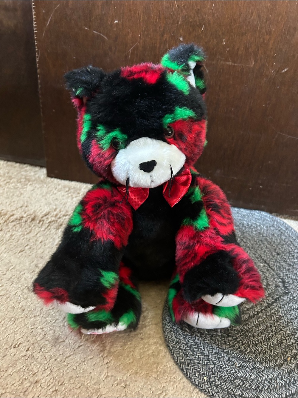 Build-A-Bear Plush Bear in Red, Green & Black with Red Bow Rose Kitty